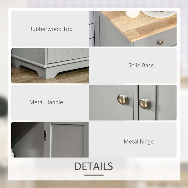 HOMCOM Modern Sideboard with Rubberwood Top, Buffet Cabinet with Storage Cabinets, Drawers and Adjustable Shelves for Dining Room, Kitchen, Grey