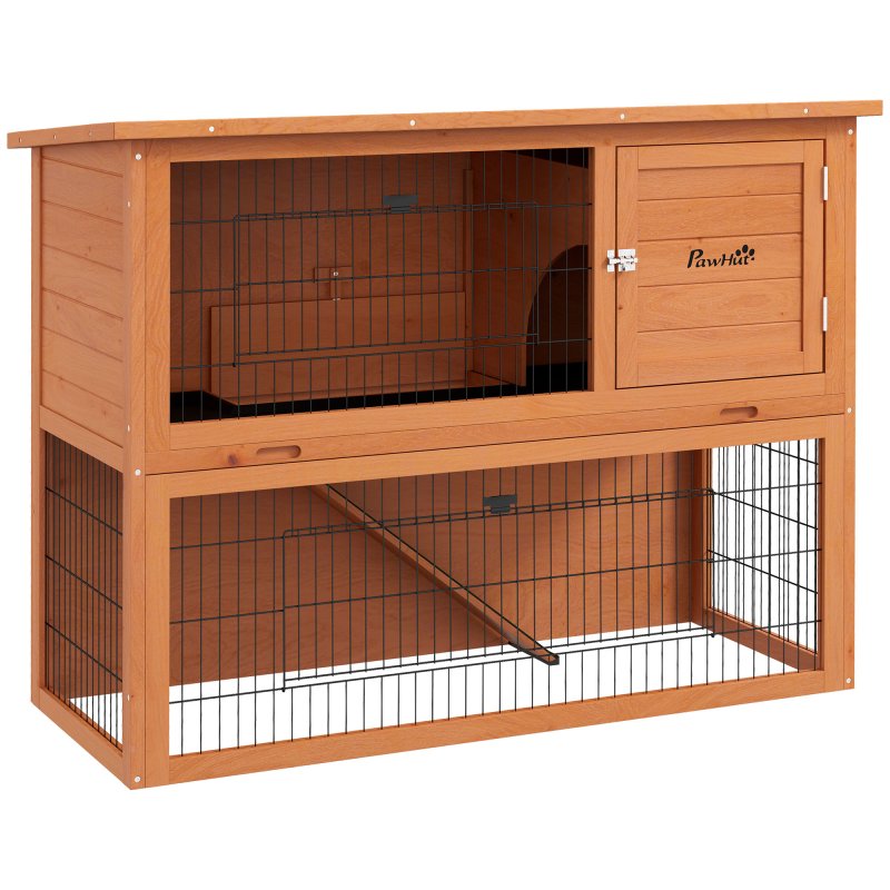 PawHut Rabbit Hutch Guinea Pig Hutch Wooden with No-Leak Tray, Asphalt Roof, Antiseptic Wood Outdoor for 1-2 Rabbits 120 x 50 x 92cm - Orange