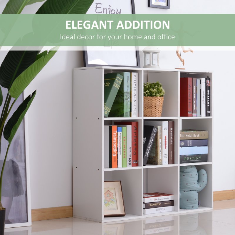 HOMCOM 3 Tier Bookshelf, Modern Cube Bookcase with 9 Open Storage Compartments, Freestanding Display Storage Unit for Living Room, Bedroom, Study, White