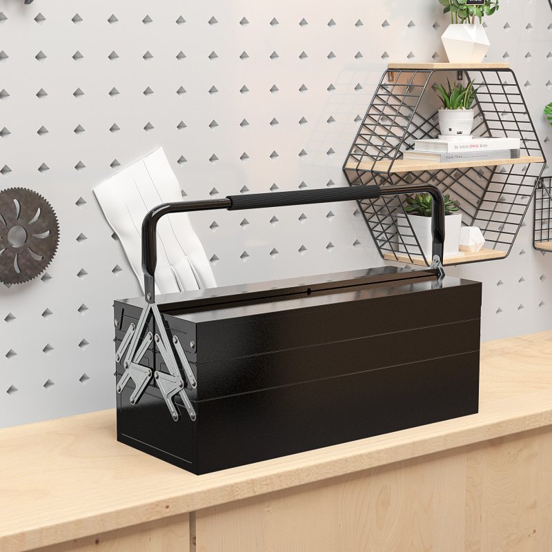 DURHAND Metal Tool Box 3 Tier 5 Tray Professional Portable Storage Cabinet Workshop Cantilever Toolbox with Carry Handle, 56cmx20cmx34cm, Black