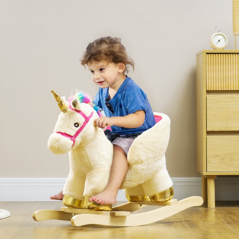 AIYAPLAY Rocking Horse, Unicorn Rocking Horse with Realistic Sounds, Safety Belt, Wooden Base, Plush Ride on Unicorn, for Ages 18-36 Months, Cream White