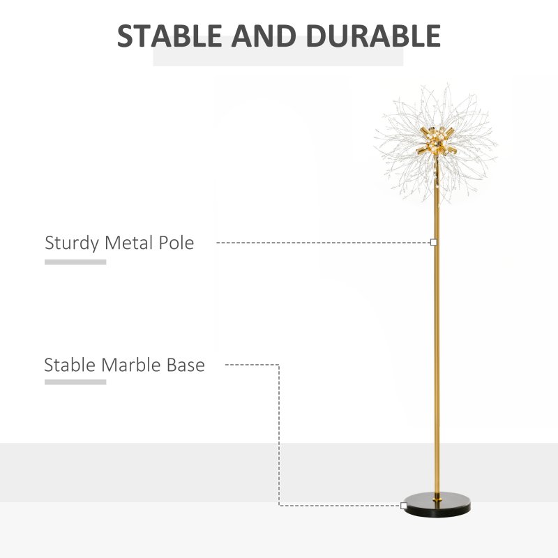 HOMCOM Floor Lamp, Crystal Fireworks Standing Lamp, Metal Golden Pole Tree Lighting with Foot Switch, 8 Lights, G9 Bulb Base, for Living Room, Bedroom