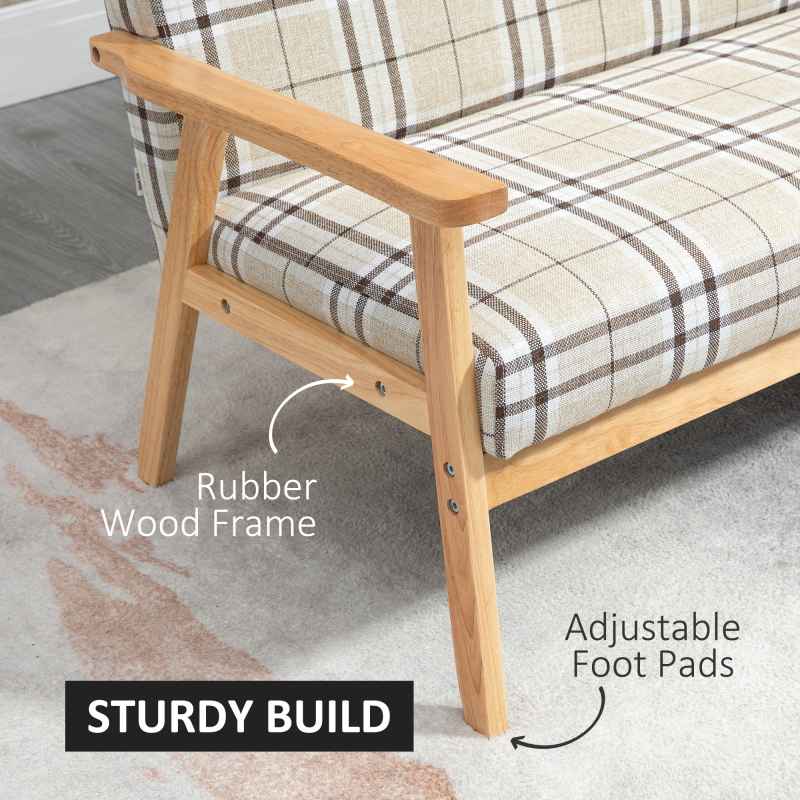 HOMCOM Modern Two Seater Sofa for Living Room, Linen Fabric Small Couch with Rubber Wood Frame, Armrests, Lattice Pattern, Upholstered Loveseat, Beige