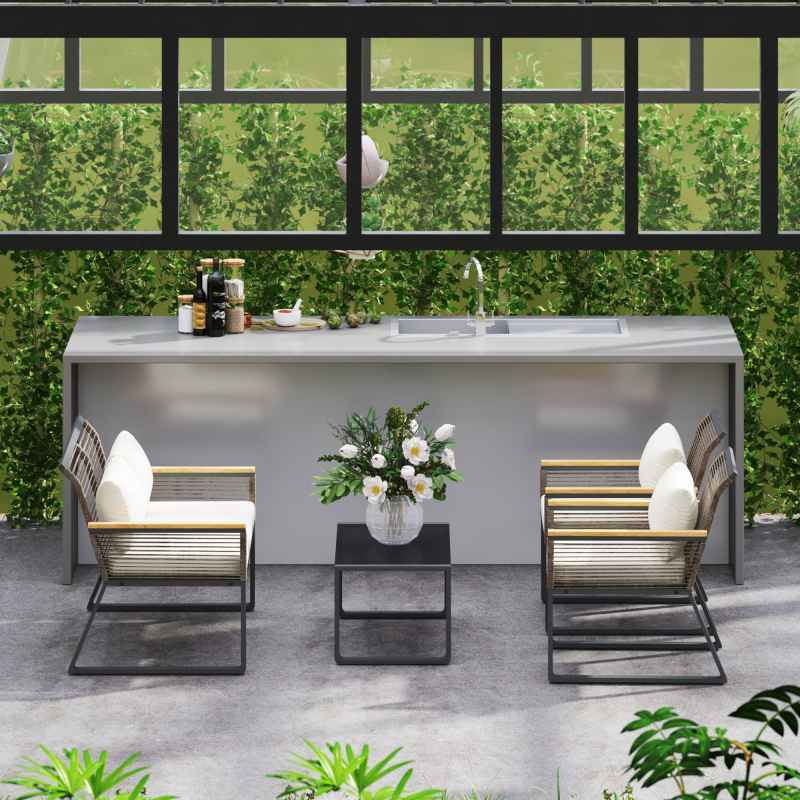 Outsunny 4 Piece Rattan Garden Furniture, 4 Seater Rattan Sofa Set, Round Wicker Rope Patio Conversation Set with 2 Armchairs, Loveseat, Glass Top Coffee Table and Cushions for Outdoor, Balcony, Grey
