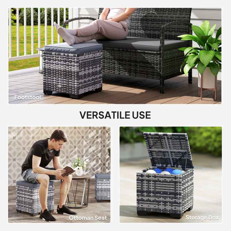 Outsunny Set of 2 Rattan Storage Ottoman, Outdoor Footstool with Removable Cushions, Garden Storage Seat for Balcony, Porch, Living Room, Dark Grey
