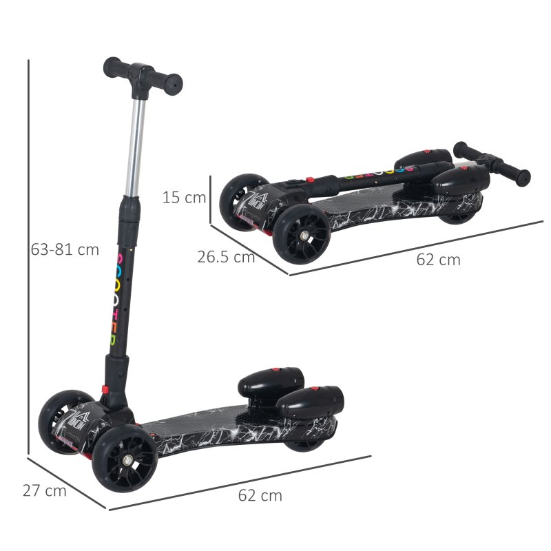 HOMCOM Kids Scooter, 3 Wheel Foldable Kick Scooter Adjustable Height w/ Flashing Wheels, Music, Water Spray for 3-6 Years, Black