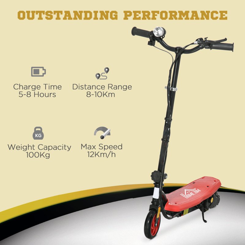 HOMCOM 120W E-Scooter Folding Electric Scooter with 12km/h Maximum Speed, Three Mode LED Headlight, Adjustable Height, Warning Bell, for Ages 7-14 Years - Red