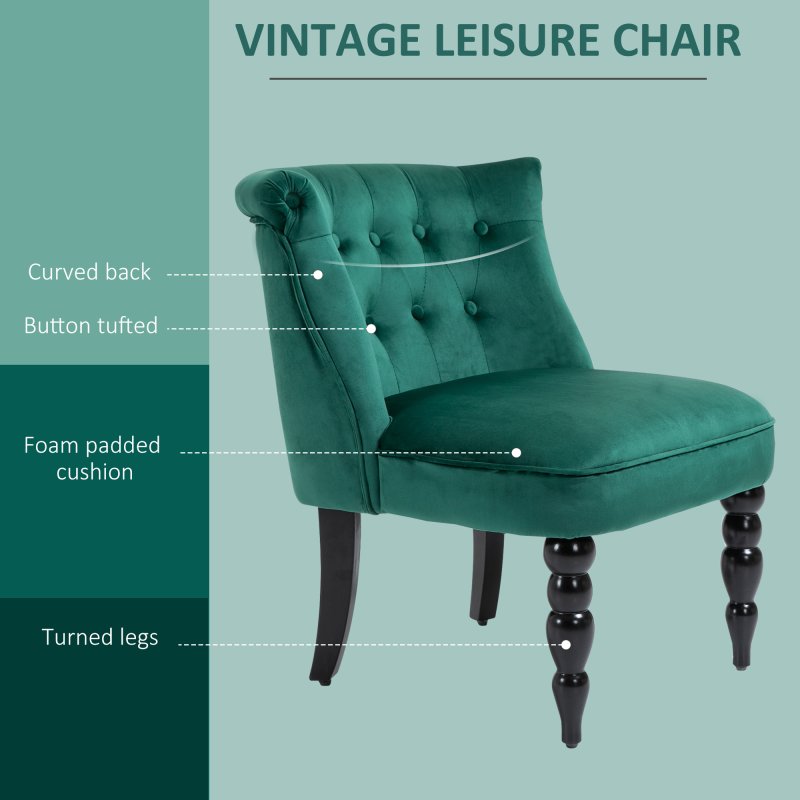 HOMCOM Velvet Accent Chair, Button Tufted Wingback Chair with Rubber Wood Legs for Living Room, Bedroom, Dark Green