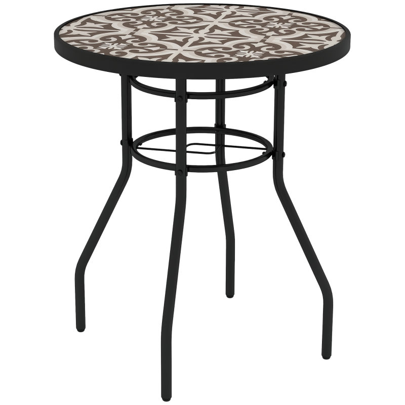Outsunny 60 cm Garden Round Coffee Table,  Outdoor Side Table with Tempered Glass Printed Table Top and Foot Pads for Porch, Balcony, Tan Brown