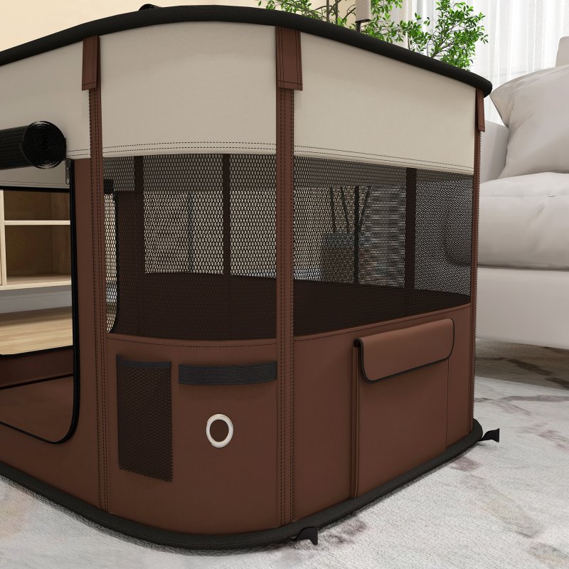 PawHut Dog Pen, Pet Playpen, Portable Foldable Dog Cat Playpen Soft Pet Cage with Storage Bag for Puppies, Rabbits, Kittens, Guinea Pigs, 84 x 64 x 53cm - Brown