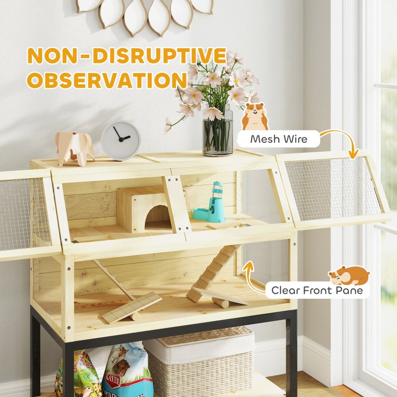 PawHut Hamster Cage, Wooden Gerbil Cage with Storage Shelf, Wheels, Ramps, Water Bottle, Hut, Seesaws, for Dwarf, Syrian, Gerbil