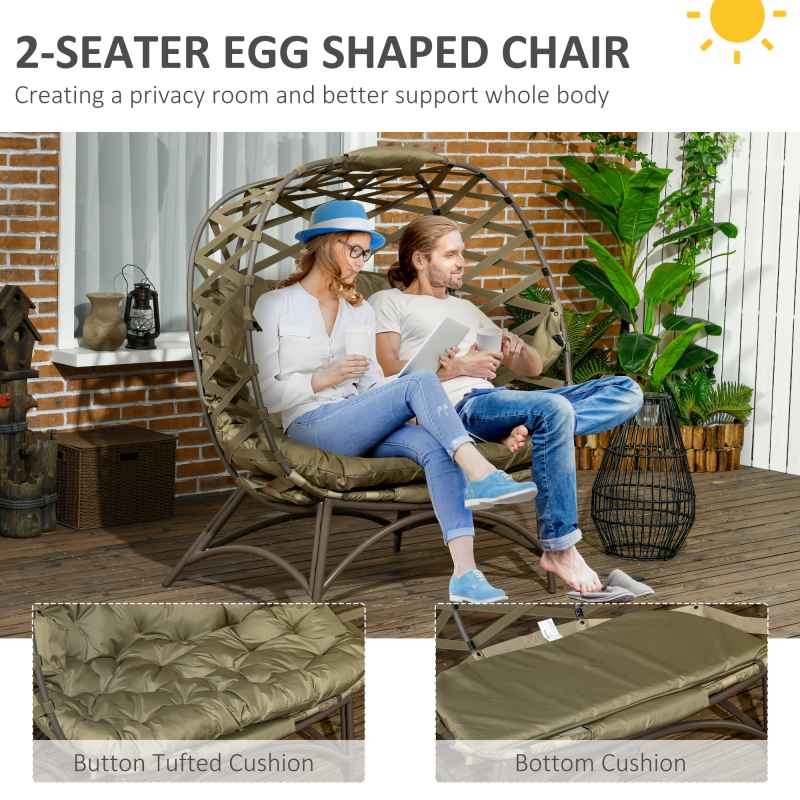 Outsunny Egg Chair Outdoor, 2 Seater Folding Weave Garden Furniture Chair with Cushion, Cup Pockets for Patio Balcony - Khaki