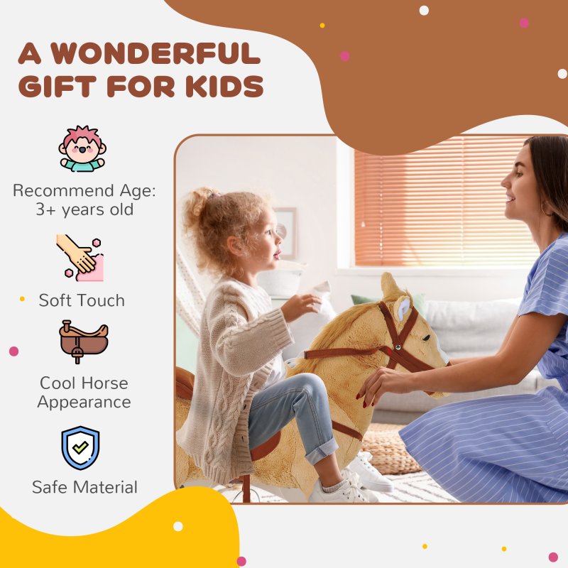 HOMCOM Kids Ride On Standing Horse Cuddly Toy Children Plush Soft Pony Gift w/ Neigh Sound or 3 Years and Up Beige