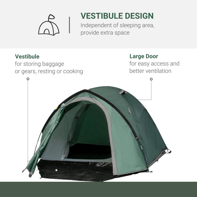Outsunny Two-Man Camping Tent Dome Tent with Weatherproof Shell, Vestibule & Windows, for Fishing & Hiking, Green and Grey