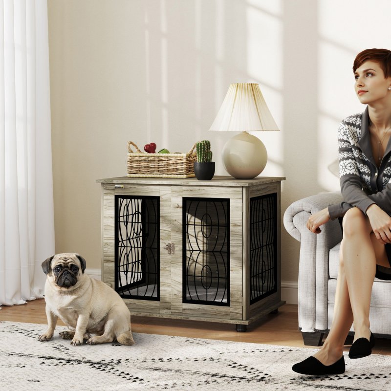 PawHut Dog Crate Furniture, Dog Cage with Soft Washable Cushion, Furniture-Style Pet Kennel Indoor House End Side Table for Small Medium Breeds, 80 x 56 x 63 cm, Grey