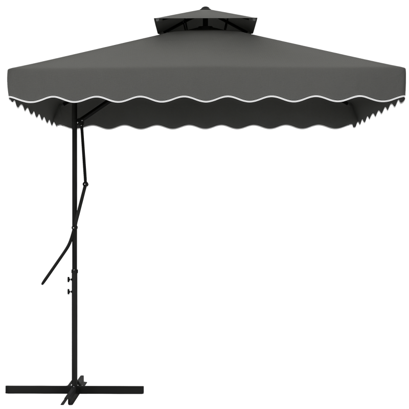 Outsunny 2.5m Cantilever Parasol with Easy Lever, Square Double Top Garden Parasol Umbrella with Ruffles and Cross Base, Overhanging Outdoor Sun Shades, Dark Grey