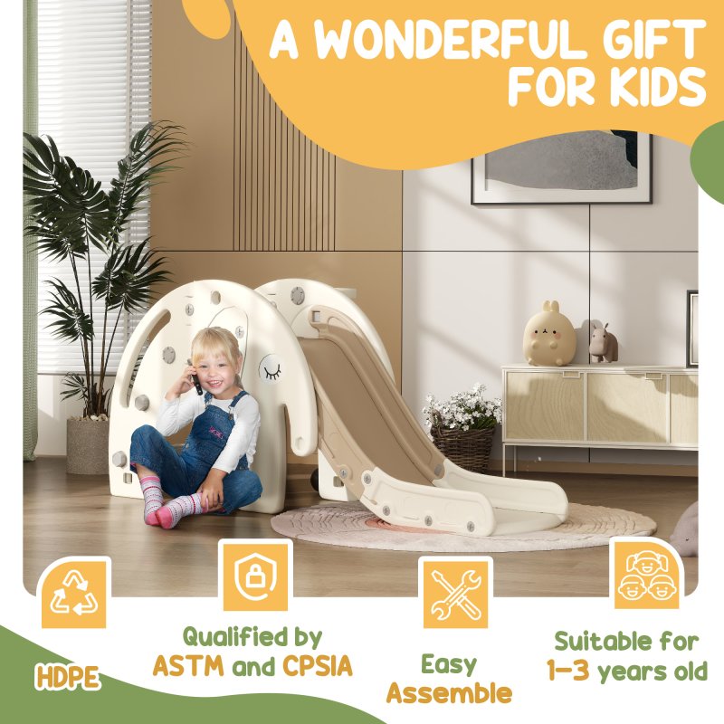 AIYAPLAY Kids Slide, 3 in 1 Toddler Slide with Basketball Hoop, Climber, Elephant-Themed Indoor Slide for 1-3 Years, Cream White