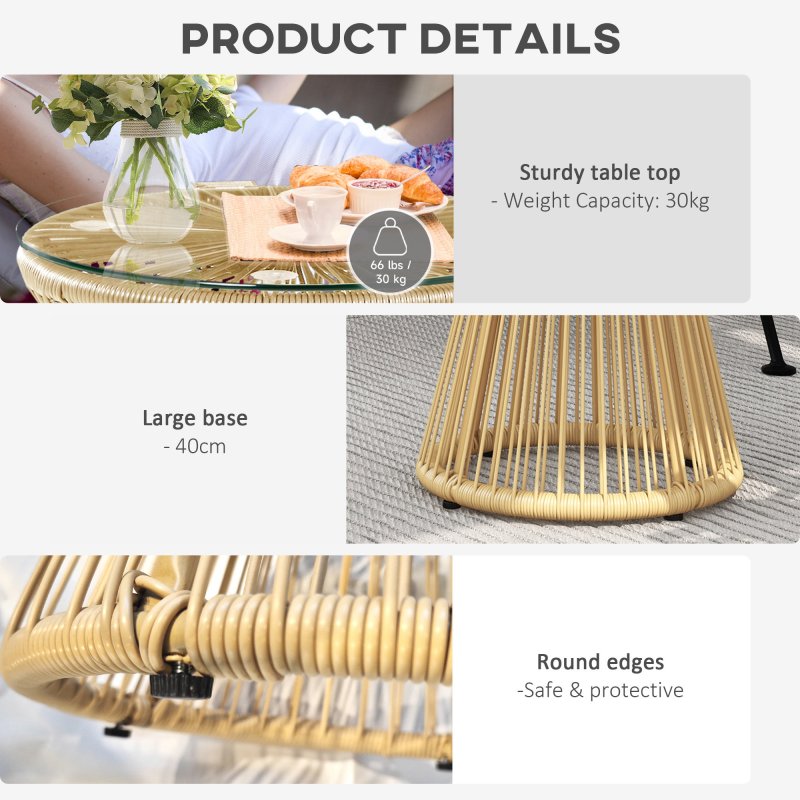 Outsunny Outdoor Coffee Table, Round PE Rattan Side Table with Tempered Glass Table Top, Hollow Drum Design for Garden, Balcony, Patio, Natural