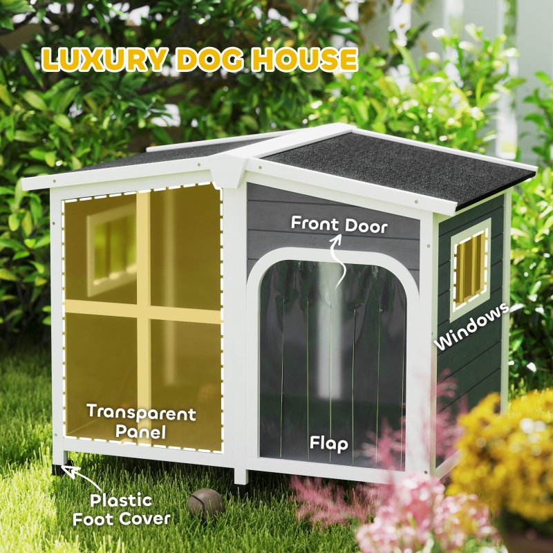 PawHut Wooden Dog Kennel, Elevated Dog House with Removable Floor, Asphalt and Openable Roof, Giant Window, Outdoor Pet House Shelter for Large Dogs, Charcoal Grey