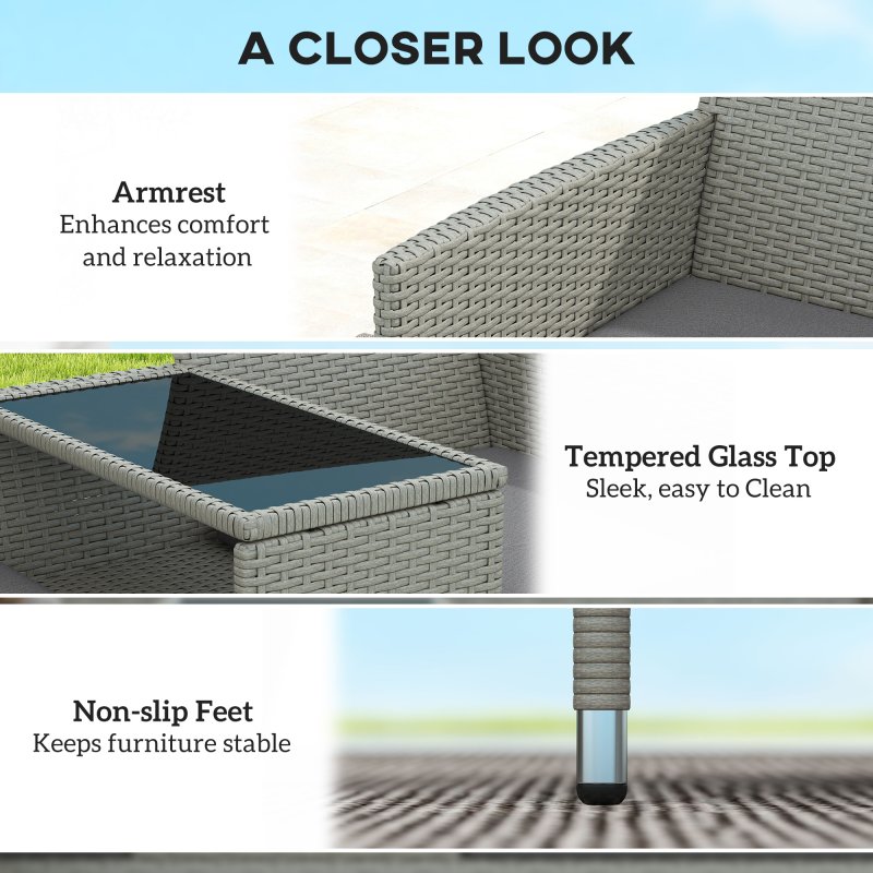 Outsunny 2 Seater Rattan Sofa with Cushions, Wicker Garden Loveseat with Armrests, Outdoor Garden Sofa Couch with Metal Frame for Patio, Grey