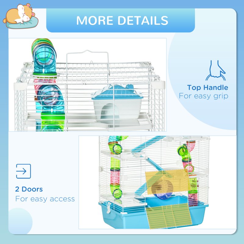PawHut 5 Tier Hamster Cage, Gerbil Cage with Tube, Water Bottle, Exercise Wheel, Food Dish, 59L x 36W x 69H cm - Light Blue