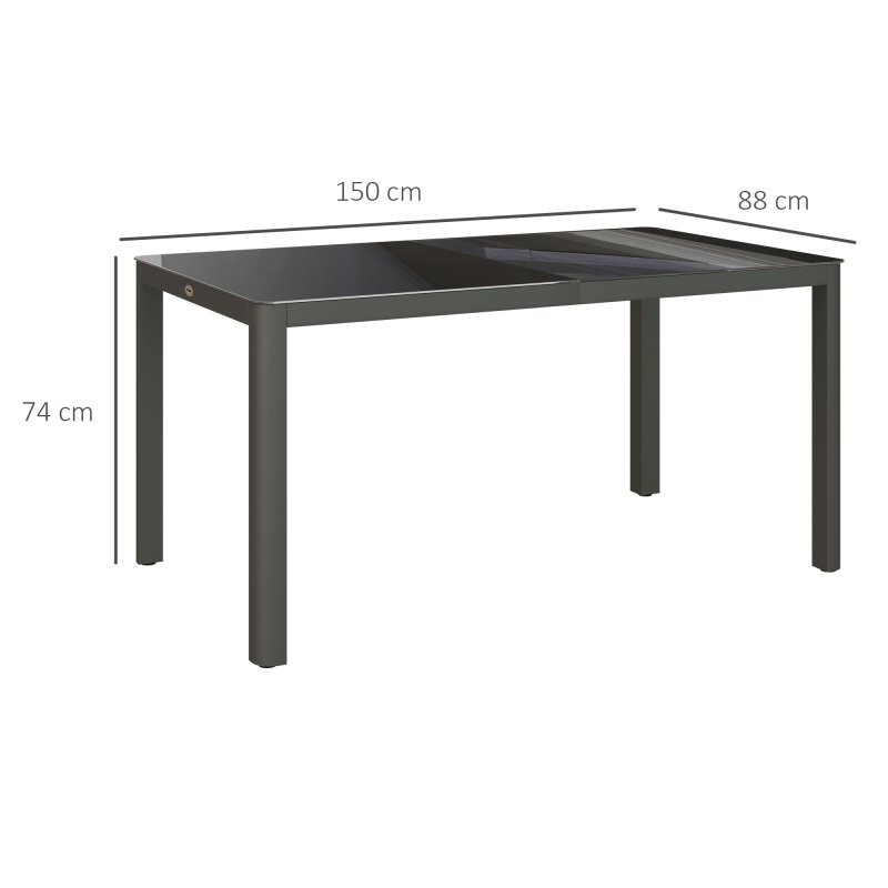 Outsunny Outdoor Dining Table for 6 People, 150 x 88 cm Rectangular Garden Table with Aluminium Frame, Tempered Glass Top and Height-Adjustable Feet for Balcony, Porch, Terrace, Grey