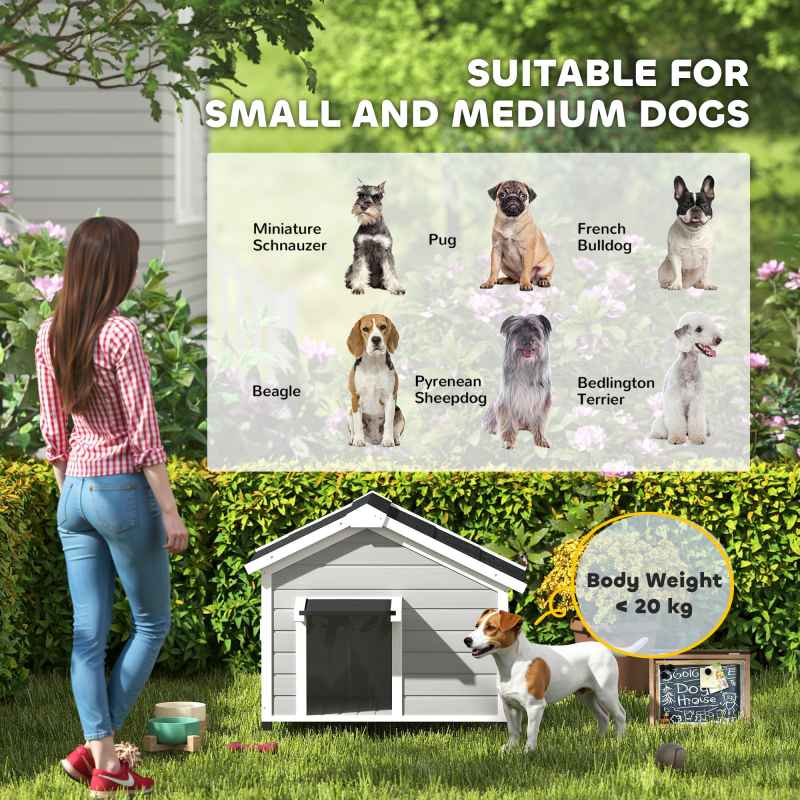 PawHut Dog House Wooden Dog Kennel Outdoor with Openable Asphalt Roof, Removable Floor, Door Curtain, Elevated Feet, for Medium Breeds, Light Grey