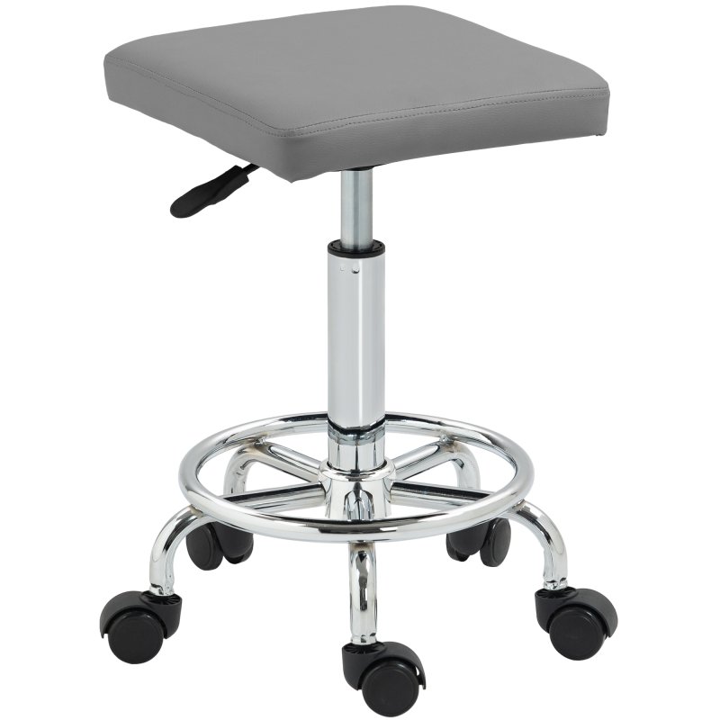 HOMCOM Square Rolling Stool, Height Adjustable PU Leather Salon Chair with Padded Seat and Foot Rest, Swivel Beauty Stool on Wheels for Spa Drafting Salon Tattoo Work Massage, Grey