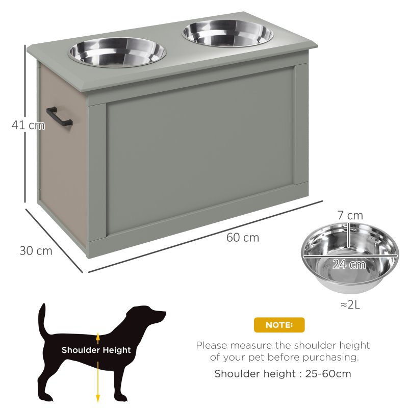 PawHut Raised Dog Bowls, Pet Feeding Storage Station with Two Stainless Steel Bowls, Base, for Large Dogs, Grey