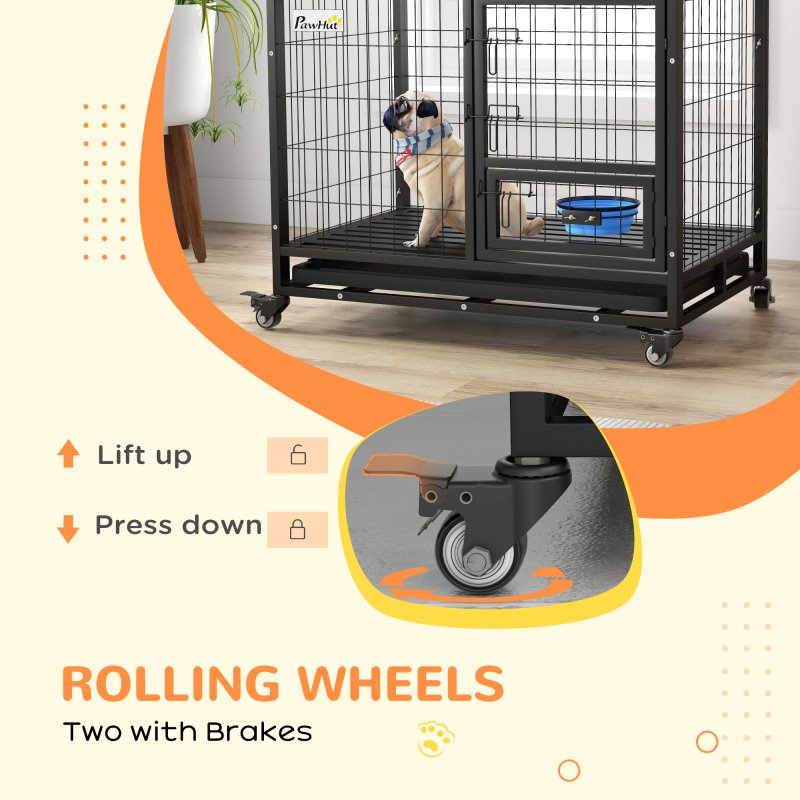 PawHut 36" Heavy Duty Dog Crate with Bowl Holder, Dog Cage on Wheels with Removable Tray, Openable Top, Detachable Door, Indoor Outdoor Use, for Medium and Large Dogs - Black