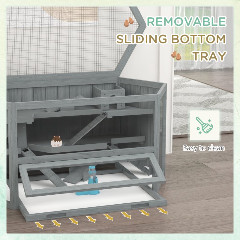 PawHut Wooden Large Hamster Cage Small Animal Exercise Play House 3 Tier with Sliding Tray, Seesaws, Water Bottle, Grey