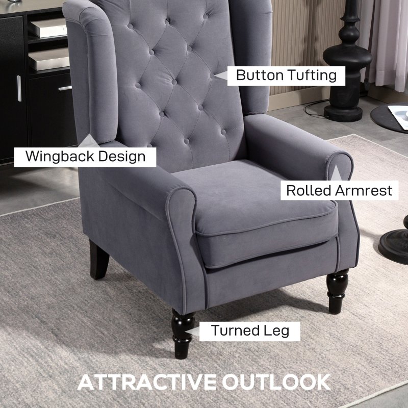 HOMCOM Retro Accent Chair, Velvet Wingback Armchair with Wood Frame Button Tufted Design for Living Room Bedroom, Charcoal Grey