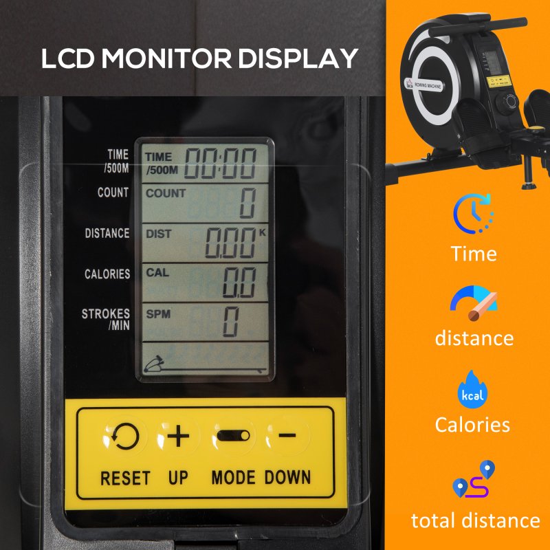 HOMCOM Folding Rowing Machine, 8-Level Magnetic Rower Machine with LCD Monitor, Wheels and Aluminium Railway, for Home Gym Cardio Training