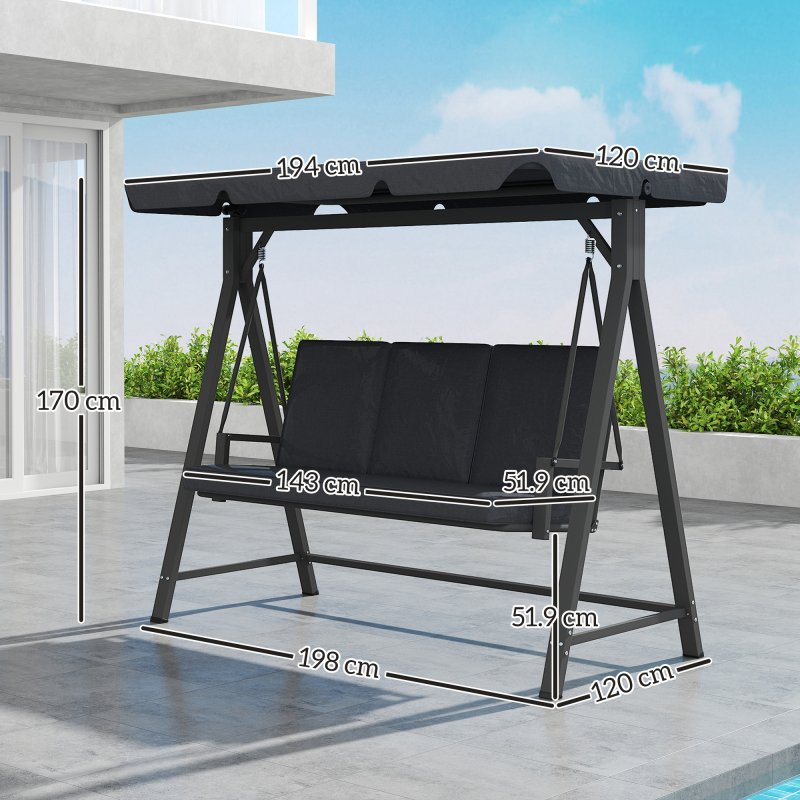 Outsunny 3 Seater Garden Swing Seat with UPF30+ Adjustable Canopy, Swing Chair with Cushion, Outdoor Hammock Bench for Balcony Patio, Dark Grey