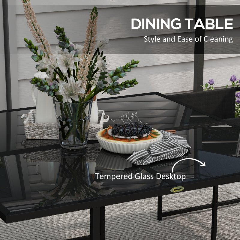 Outsunny 5 Piece Garden Dining Set, 4 Seater Outdoor Table and Chairs with Texteline Seat, Space Saving Cube Set with Foldable Backrest, Tempered Glass Table Top, for Patio, Black