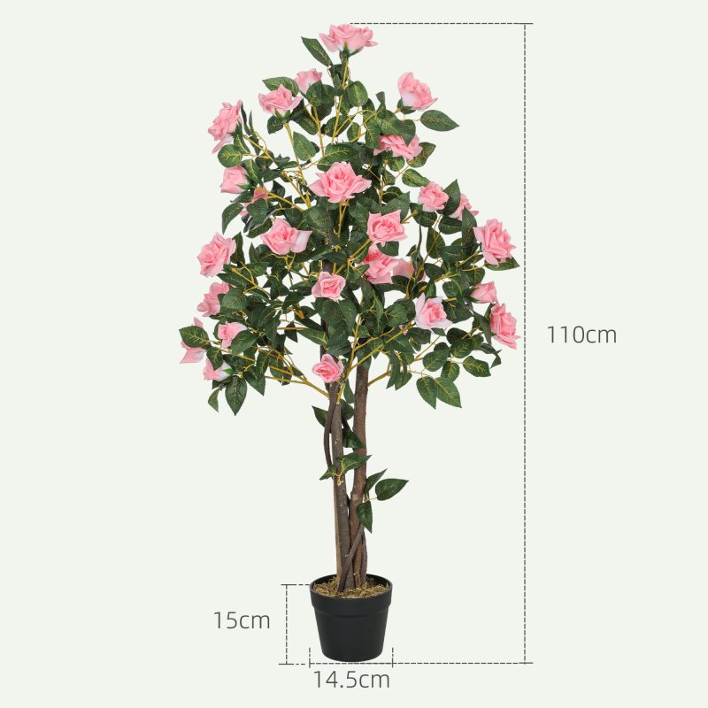 HOMCOM Set of 2 Decorative Artificial Plants, Faux Silk Rose Trees in Pot, Fake Plants for Home Indoor Decor, 110?cm, Pink