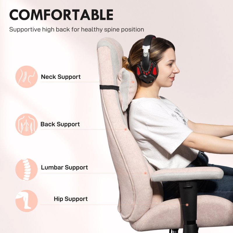 HOMCOM Gaming Chair with Lumbar Support, Headrest for Adults, Fabric Desk Computer Chair with Adjustable Height and Armrest, 360 Swivel for Home Office, Pale Pink