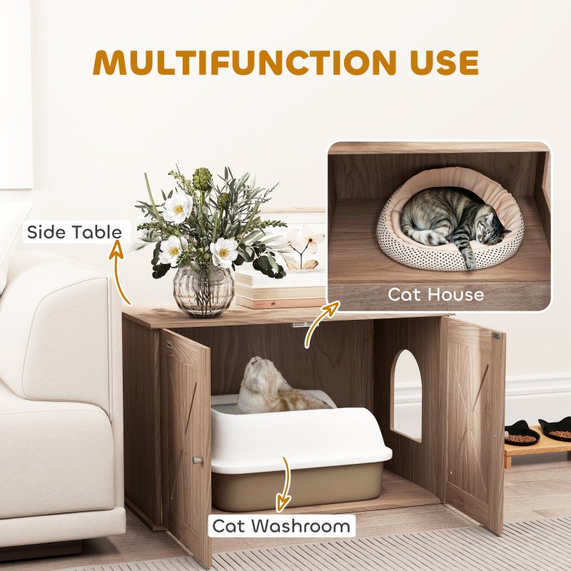 PawHut Cat Litter Box Enclosure, Cats House Litter Box Furniture with Double Doors and Side Entrance, Non-Slip Pads, Indoor Kitty House Hidden Washroom Toilet for Living Room, Walnut Brown