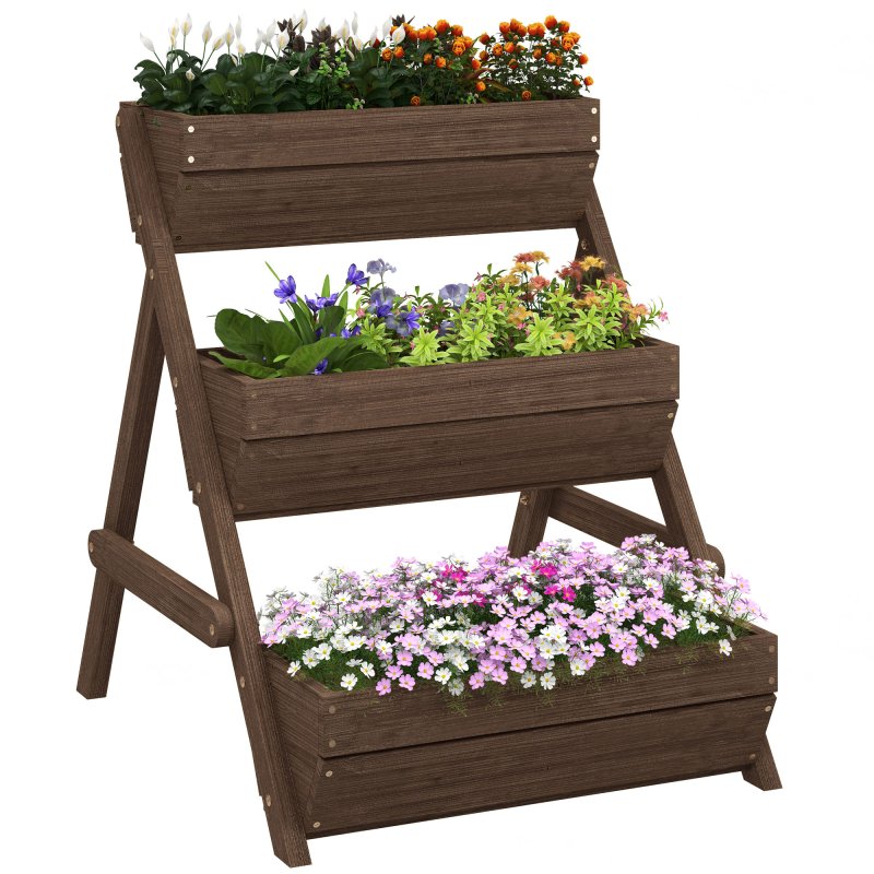 Outsunny 3 Tier 66L Raised Garden Bed Wooden Elevated Planter Box Kit for Flower, Vegetable, Herb, 65 x 75 x 76cm, Tan