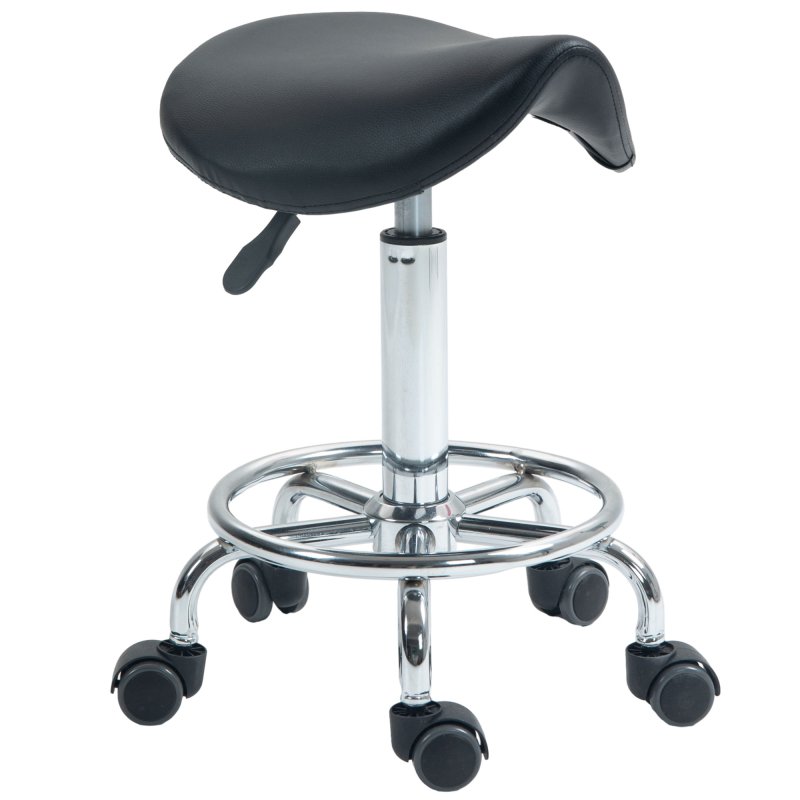 HOMCOM Saddle Stool, PU Leather Adjustable Rolling Salon Chair for Massage, Spa, Clinic, Beauty, Hairdressing and Tattoo, Black