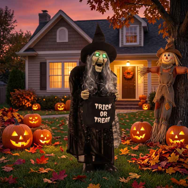 HOMCOM 94cm Animated Witch Halloween Decorations Outdoor Indoor, Scary Halloween Animatronics Decor with Sound Touch Activated, Candy Bag Prop with Light Up Eyes for House Garden Party