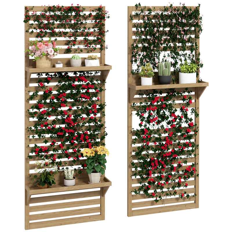 Outsunny Set of 2 Wall Mounted Plant Stand with Trellis, 170cm Wooden Plant Rack with Hanging Planter Shelves and Slatted Trellis for Climbing Plants, for Patio, Balcony, Porch, Natural