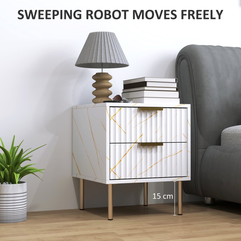 HOMCOM Marble Pattern Bedside Table, Fluted Bedside Cabinet with 2 Drawers, Side End Table with Steel Legs for Bedroom, White