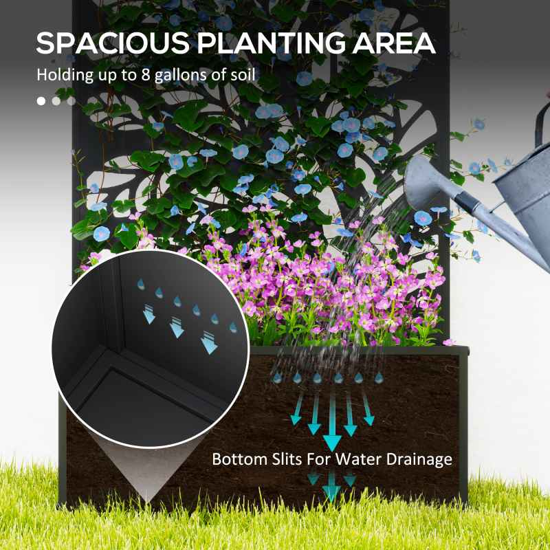 Outsunny Metal Garden Bed with Trellis, Wall Mounted or Freestanding Raised Planter with Privacy Panel, Twig and Leaf Cut-out Privacy Screen with Planter Box for Climbing Plants, Flowers, Vegetables