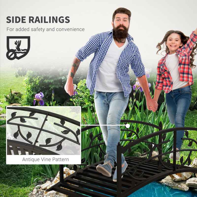 Outsunny 1.2M Metal Garden Bridge with Safety Railings, Arc Footbridge with Vine Pattern, Classic Retro Small Decorative Pond Bridge for Creeks Streams Borders, Black
