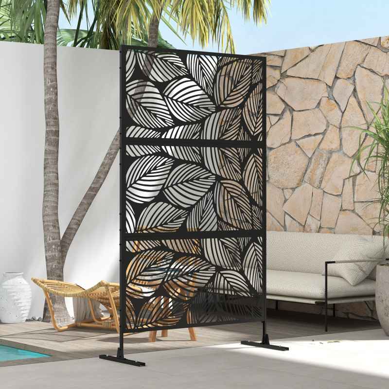 Outsunny Decorative Garden Privacy Screen with Stand, 6.5FT Freestanding Metal Outdoor Divider, Decorative Privacy Panel with Expansion Screws for Garden Pool Hot Tub, Leaf Style, Black
