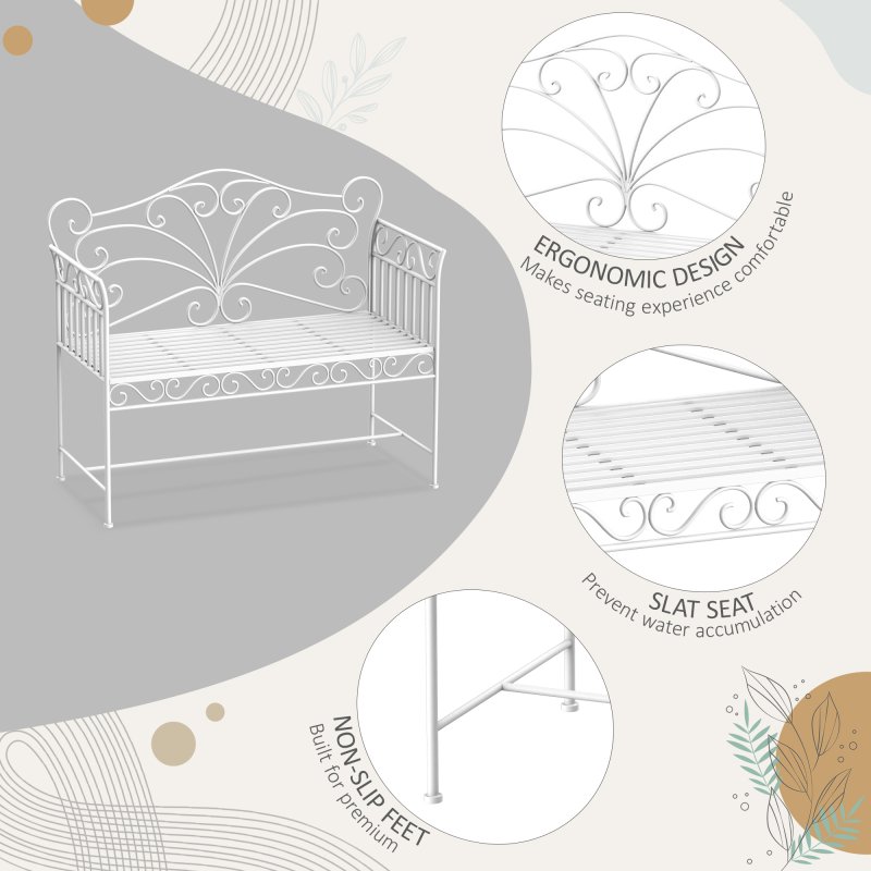 Outsunny Garden 2 Seater Metal Bench Park Seating Outdoor Furniture Chair w/ Decorative Backrest White