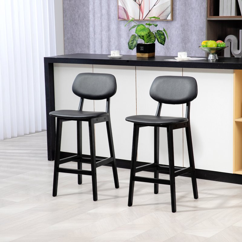 HOMCOM Bar Stools Set of 2, Breakfast Bar Chairs, PU Leather Upholstered Kitchen Stools with Backs, Footrests and Solid Wood Legs, Black