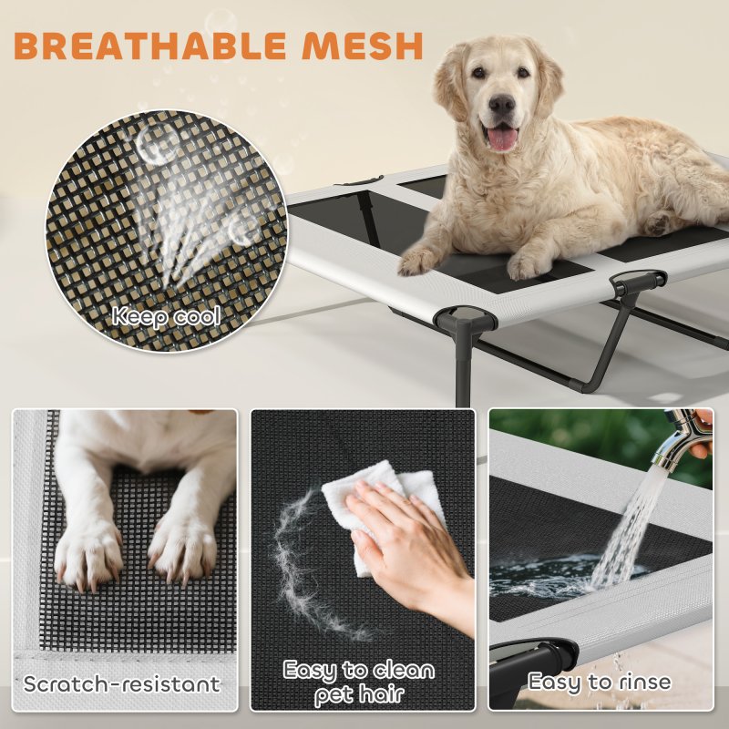 PawHut Elevated Dog Bed with Removable Canopy, Portable Cooling Raised Pet Cot with Breathable Mesh, Storage Bag, for Indoor Outdoor Use, for Large Dogs, 106 x 76 x 94 cm, Light Grey