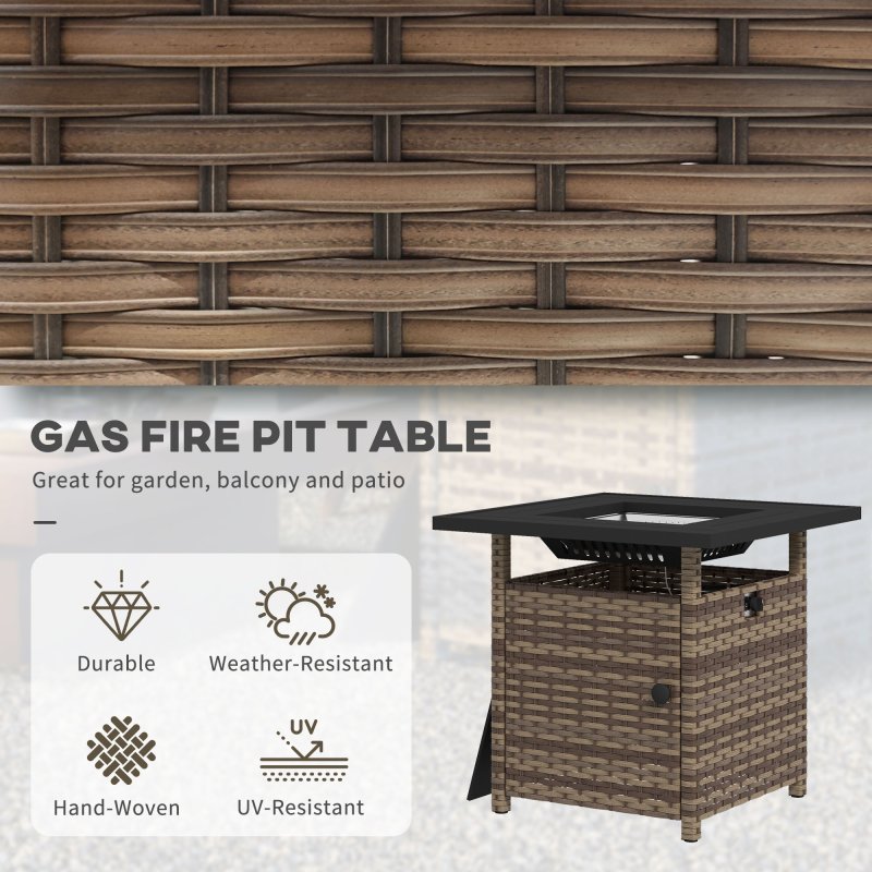 Outsunny Outdoor Rattan Gas Fire Pit Table, 50,000 BTU Square Garden Table with Fire Pit, Rain Cover, Wind Guard, Pulse-Ignition and Volcanic Rock, 72.5 x 72.5 x 67.5 cm, Mixed Brown